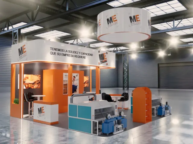 Render 3D de stand ferial para MultiEmpaques del Norte con áreas de exhibición, diseño para expo en Monterrey