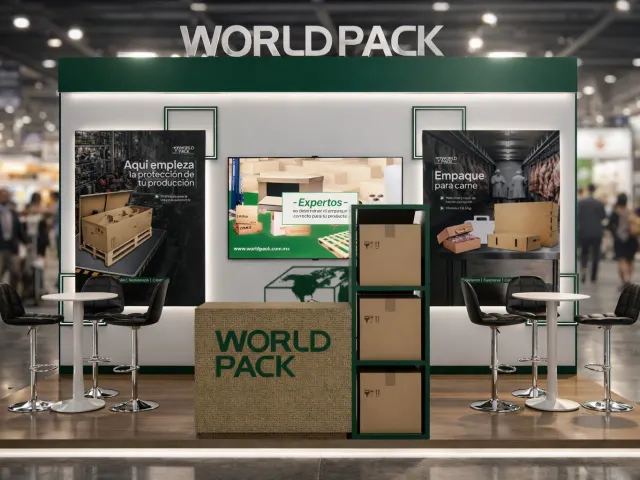 Render 3D de stand ferial para World Pack, vista frontal simétrica, proyecto en Monterrey