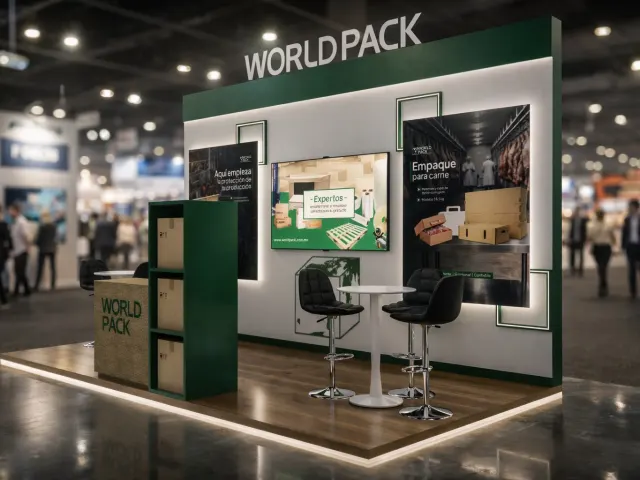 Render 3D de stand ferial para World Pack, ángulo lateral, proyecto en Monterrey