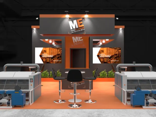 Render 3D de stand ferial para MultiEmpaques del Norte, vista frontal simétrica, diseño en Monterrey