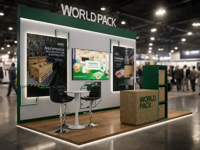 Render 3D de diseño de stand ferial para la marca World Pack en Monterrey