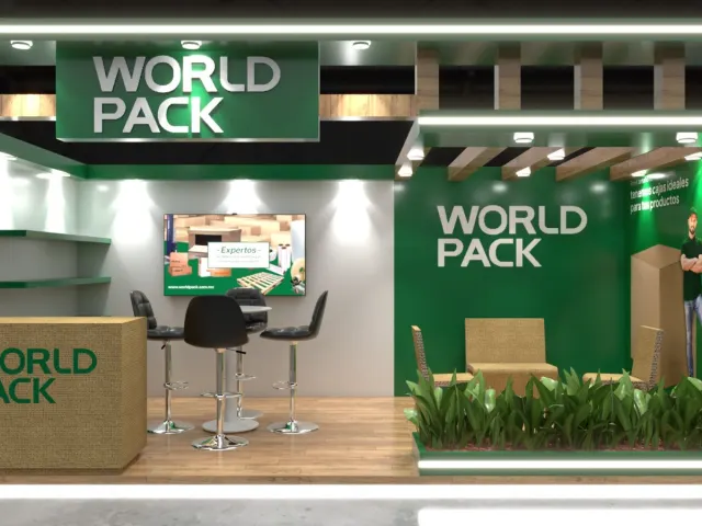 Render 3D de stand ferial para World Pack con área de descanso tipo lounge, diseño en Monterrey