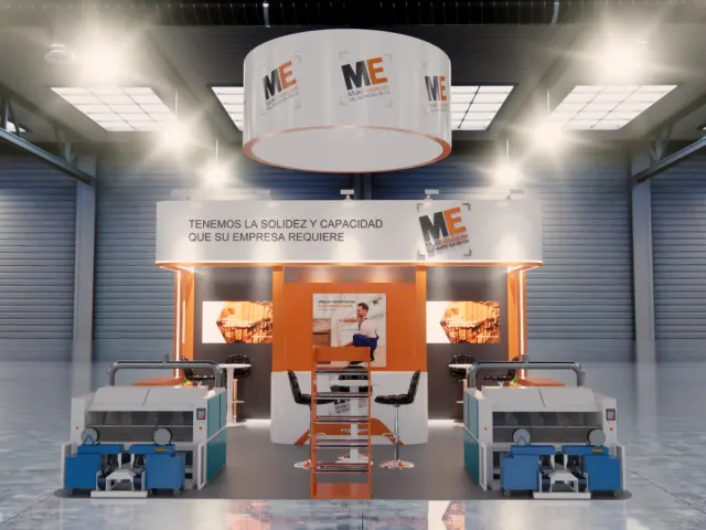 Stand corporativo armado para Logimex, acabado en madera y logotipo iluminado, en Monterrey