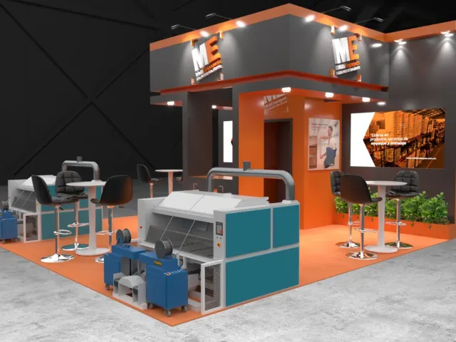 Render 3D de stand ferial para MultiEmpaques del Norte con doble acceso, proyecto en Monterrey