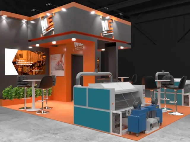 Render 3D de stand ferial para MultiEmpaques del Norte con jardinera verde, proyecto en Monterrey