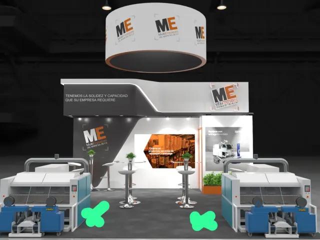 Render 3D de stand ferial para MultiEmpaques del Norte con letrero colgante circular, diseño en Monterrey